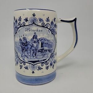 Vintage Heineken Hand Painted Delft Stein Beer Mug Blue White Holland 5.5"